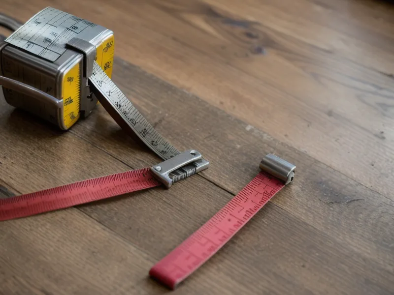 Cinta métrica metálica extendida sobre el piso de una sala pequeña para tomar medidas.