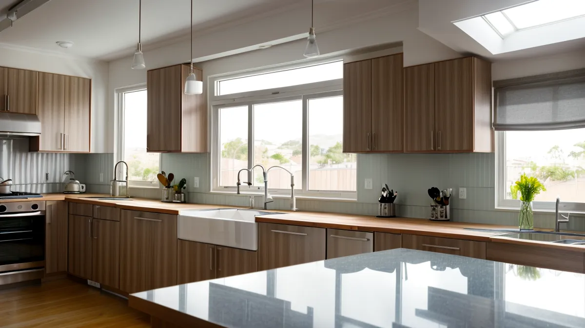 Cocina moderna con iluminación en capas que combina luz general, de trabajo y ambiental para un diseño funcional.