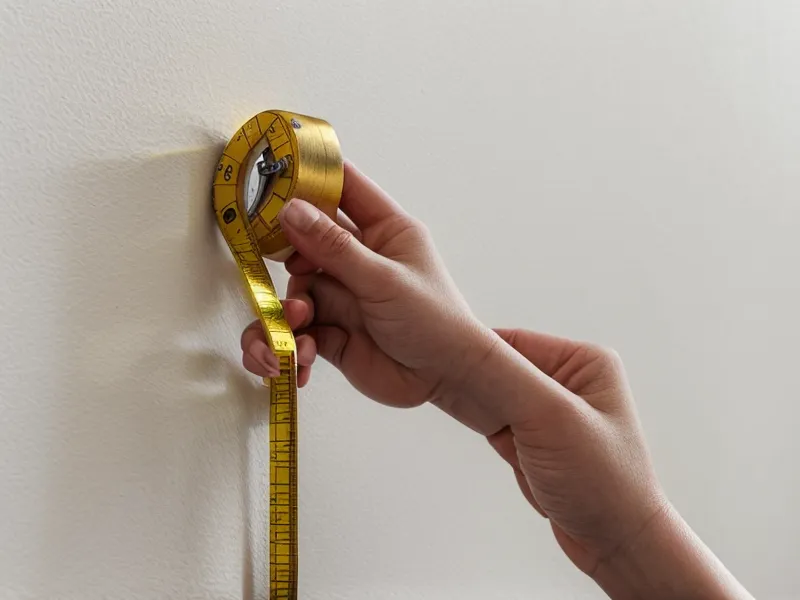 Mano de un decorador usando una cinta métrica en una habitación con luz natural