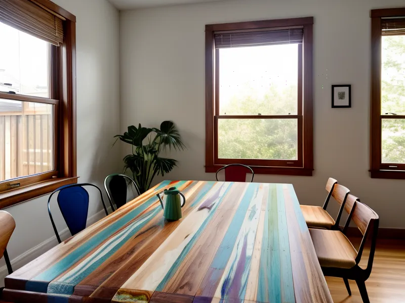Círculo cromático y muestras de pintura organizadas sobre una mesa de madera