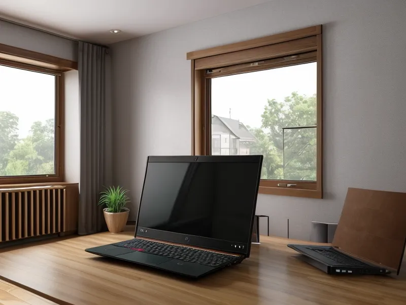Laptop mostrando un render 3D fotorrealista de una sala moderna