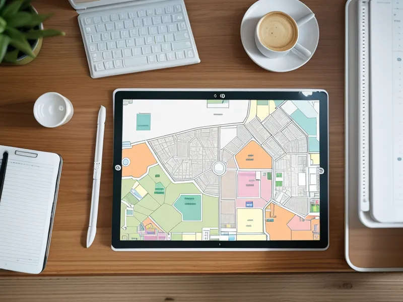 Tablet con software de diseño de planos en un escritorio de decorador independiente