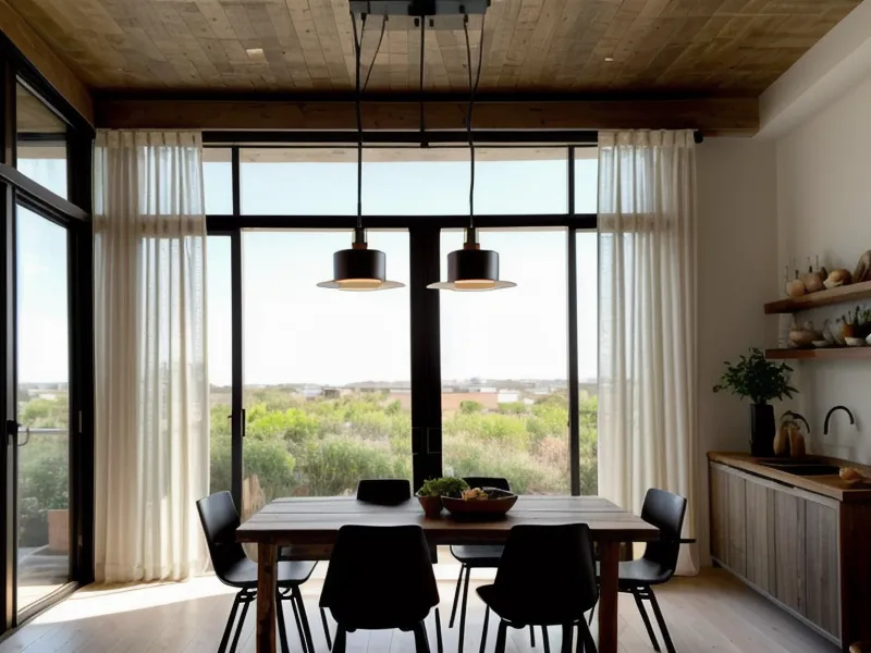 Lámpara colgante sobre comedor pequeño con iluminación ambiental suave
